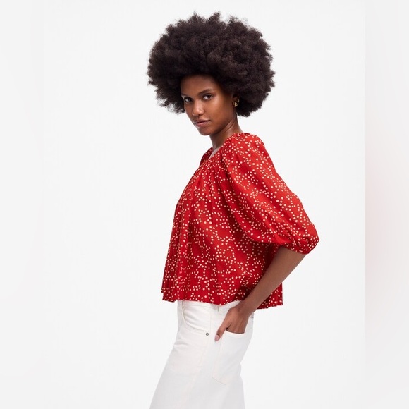 Madewell Shirred Puff-Sleeve Top Polka Dot Red White Size Medium - Picture 2 of 14